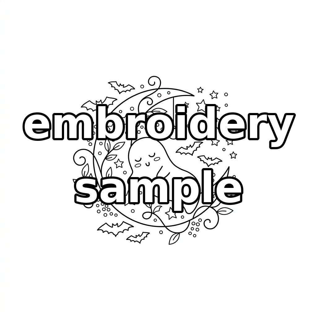 Watermarked Ghost on Golden Crescent Moon with Bats Botanicals embroidery outline