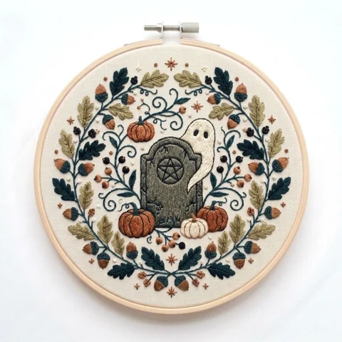 Ghost Pentacle Tombstone Pumpkin Acorn Wreath hand embroidery design