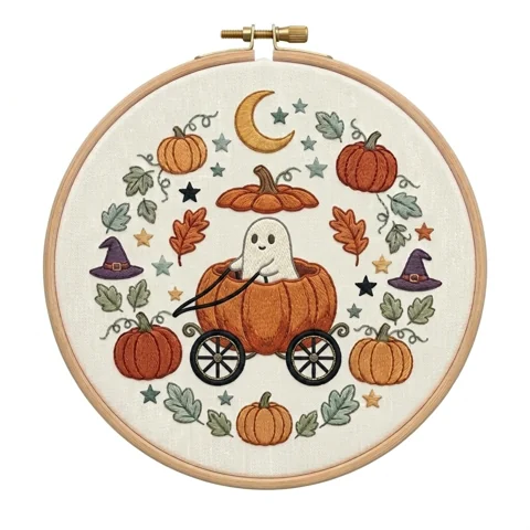 Ghost Pumpkin Carriage Witch Hat Autumn Wreath hand embroidery design