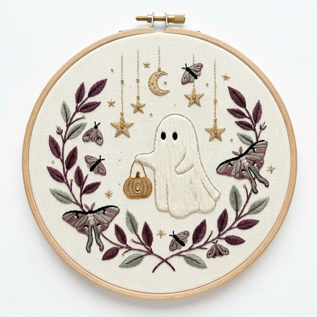 Ghost Pumpkin Lantern Moth Garland colored hand embroidery design