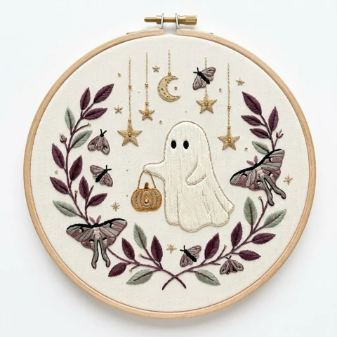 Ghost Pumpkin Lantern Moth Garland hand embroidery design