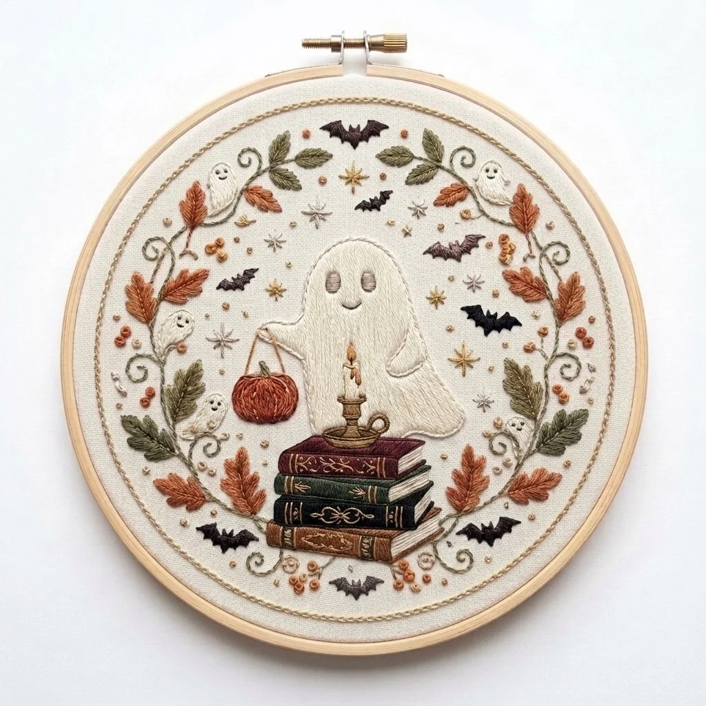 Ghost Pumpkin Pail Spellbook Autumn Wreath colored hand embroidery design