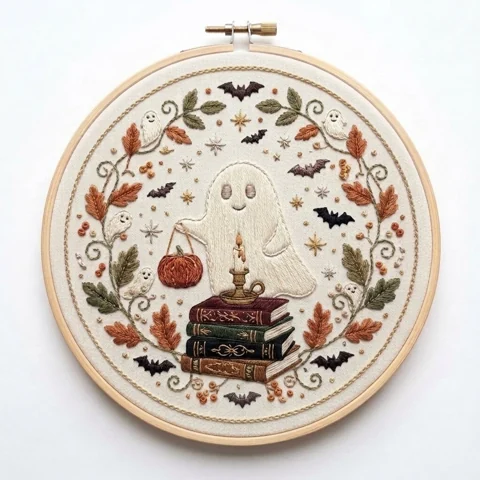 Ghost Pumpkin Pail Spellbook Autumn Wreath hand embroidery design