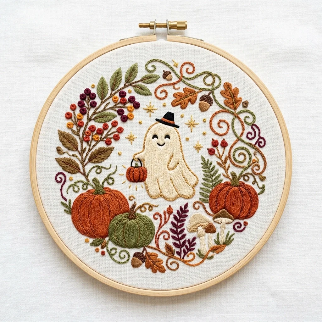 Ghost Pumpkins Acorns Autumn Botanical Wreath colored hand embroidery design