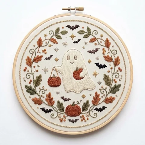 Ghost Pumpkins Autumn Vines Bats hand embroidery design