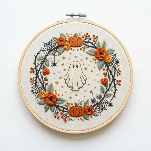Ghost Pumpkins Roses Spider Web Harvest Wreath hand embroidery design