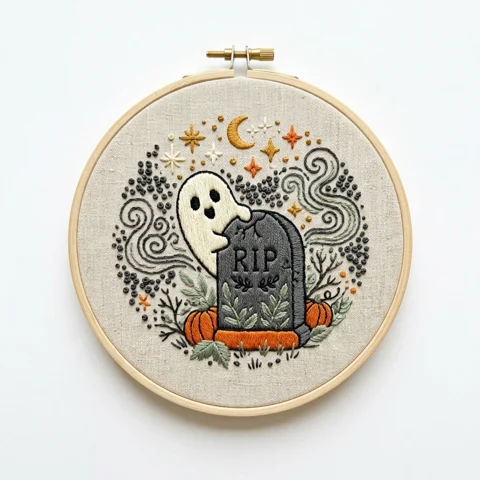 Ghost Rip Gravestone Moonlit Pumpkin Wreath hand embroidery design
