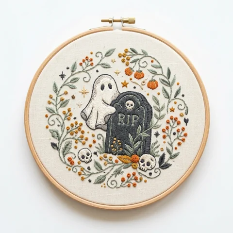Ghost Rip Tombstone Pumpkin Wreath hand embroidery design