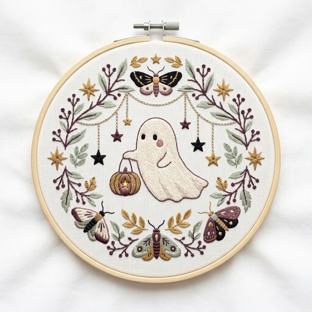 Ghost Star Garland Moth Wreath colored hand embroidery design