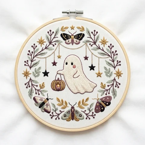 Ghost Star Garland Moth Wreath hand embroidery design
