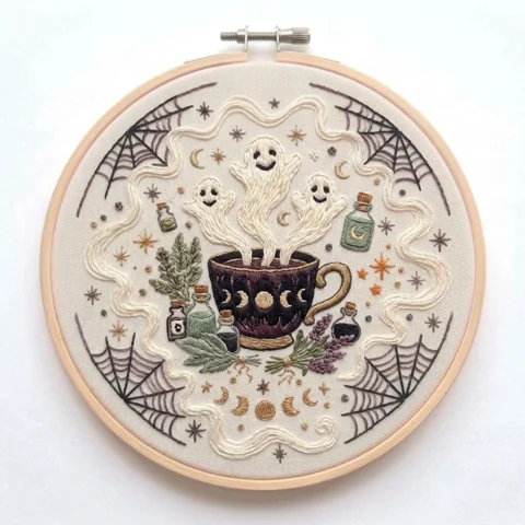 Ghost Steam Cup Apothecary Bottles Spider Web Wreath hand embroidery design