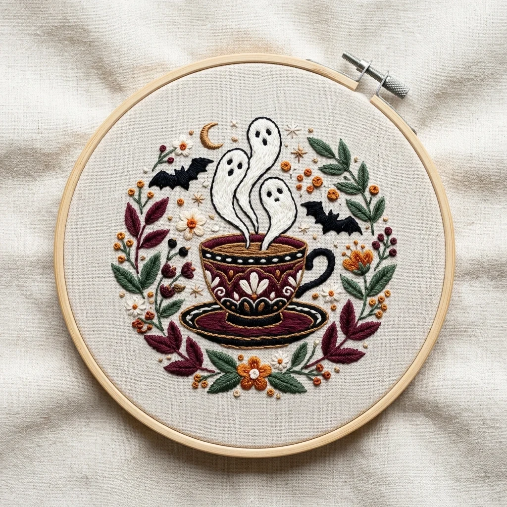 Ghost Steam Teacup Bats Autumn Botanical Wreath colored hand embroidery design