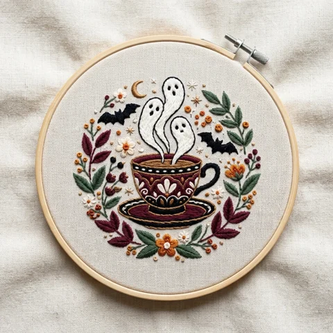 Ghost Steam Teacup Bats Autumn Botanical Wreath hand embroidery design