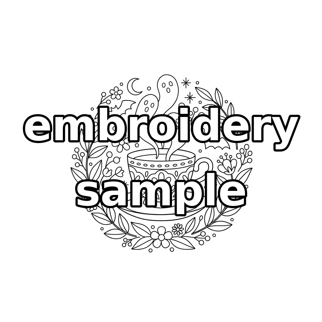 Watermarked Ghost Steam Teacup Bats Autumn Botanical Wreath embroidery outline
