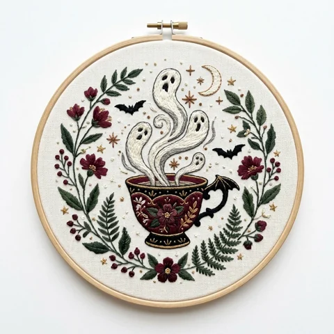 Ghost Steam Teacup Crescent Moon Burgundy Botanical Wreath hand embroidery design