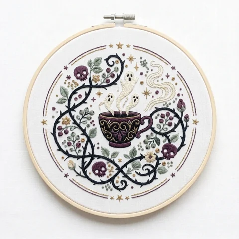 Ghost Steeped Gothic Teacup Thorn Wreath hand embroidery design