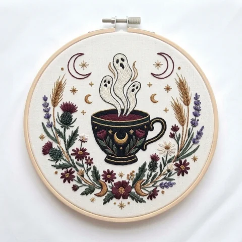 Ghost Tea Cup Autumn Botanical Moon Wreath hand embroidery design