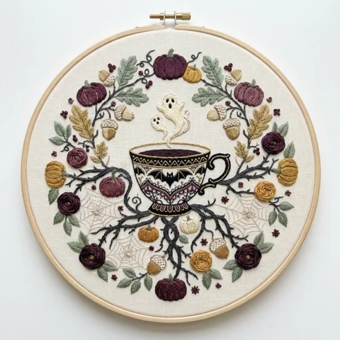 Ghost Tea Cup with Autumn Wreath Spiderwebs hand embroidery design