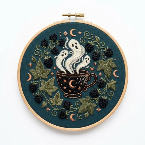 Ghost Tea Cup with Blackberry Moon Wreath hand embroidery design