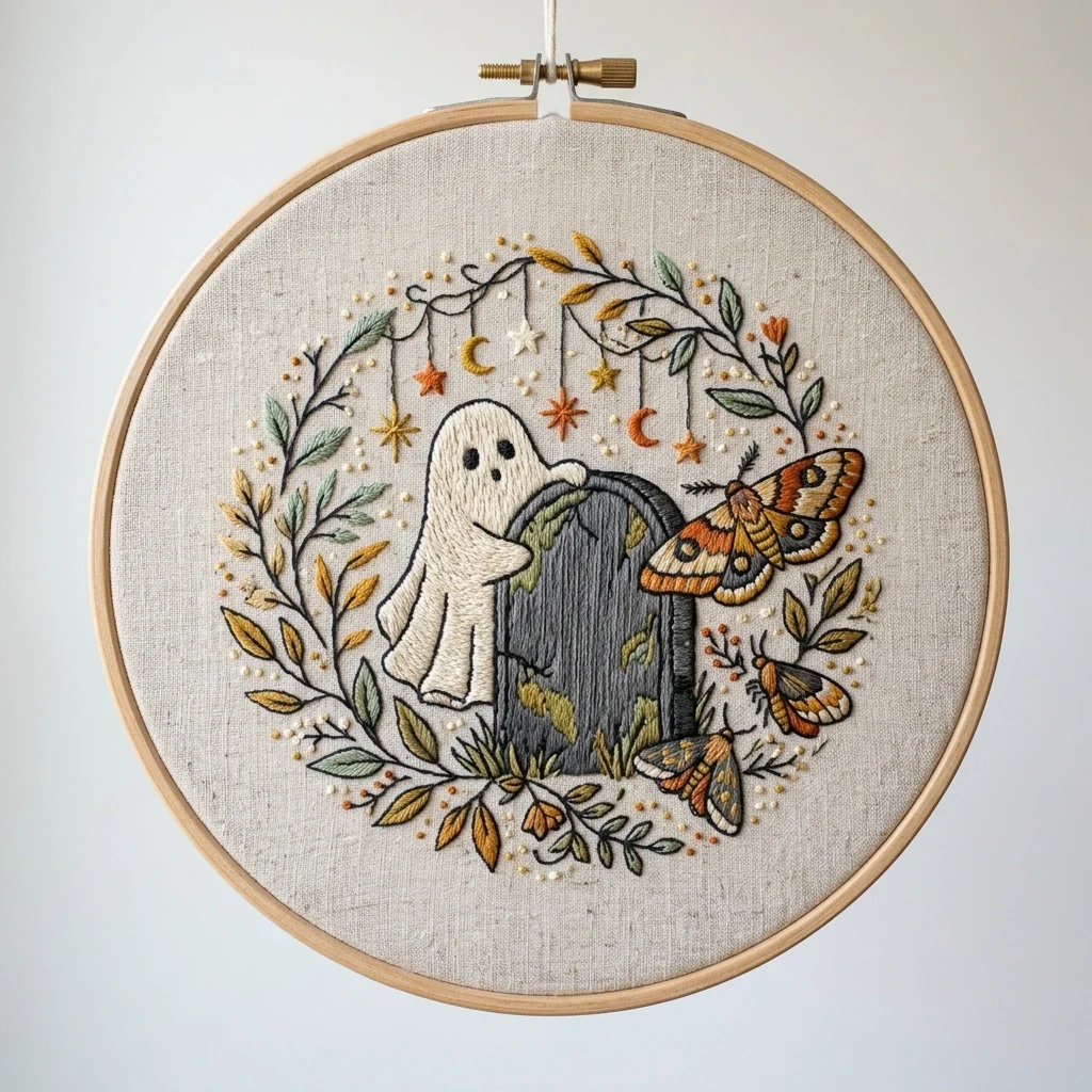 Ghost Tombstone Autumn Moths colored hand embroidery design
