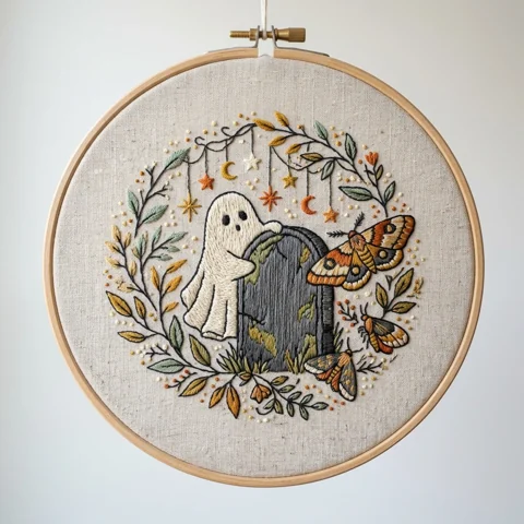 Ghost Tombstone Autumn Moths hand embroidery design