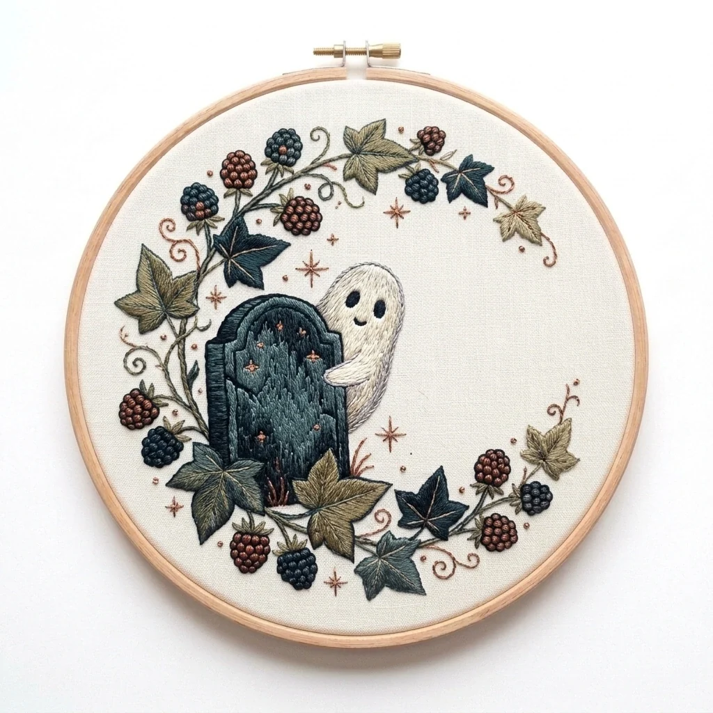 Ghost Tombstone Blackberry Ivy Wreath colored hand embroidery design