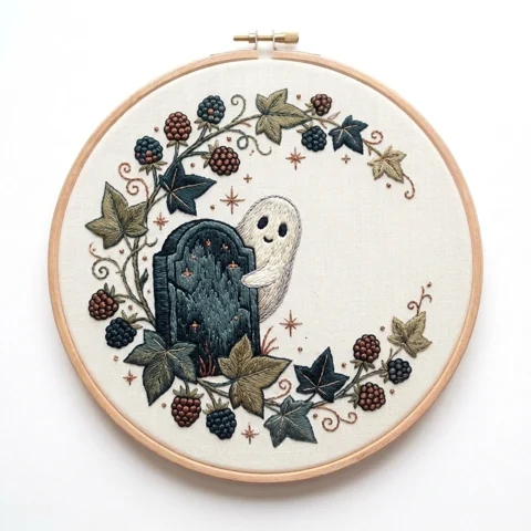 Ghost Tombstone Blackberry Ivy Wreath hand embroidery design