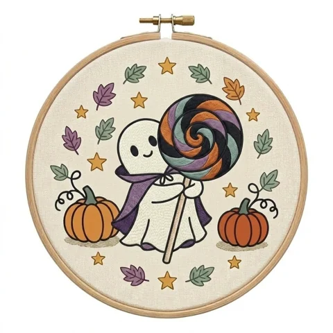 Ghost with Swirl Lollipop Pumpkin Autumn Wreath hand embroidery design