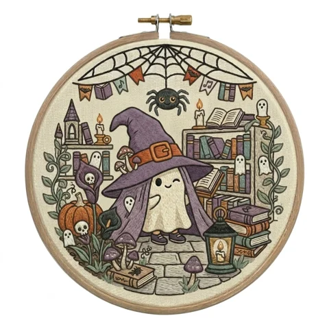 Ghost Wizard Library Spiderweb Pumpkin Lantern hand embroidery design