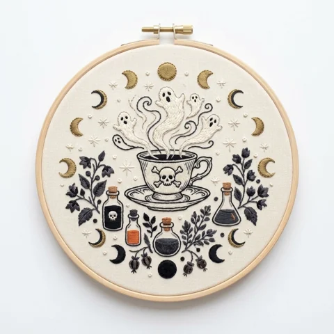 Ghostly Skull Teacup with Potion Bottles Moon Phases and Botanical hand embroidery design