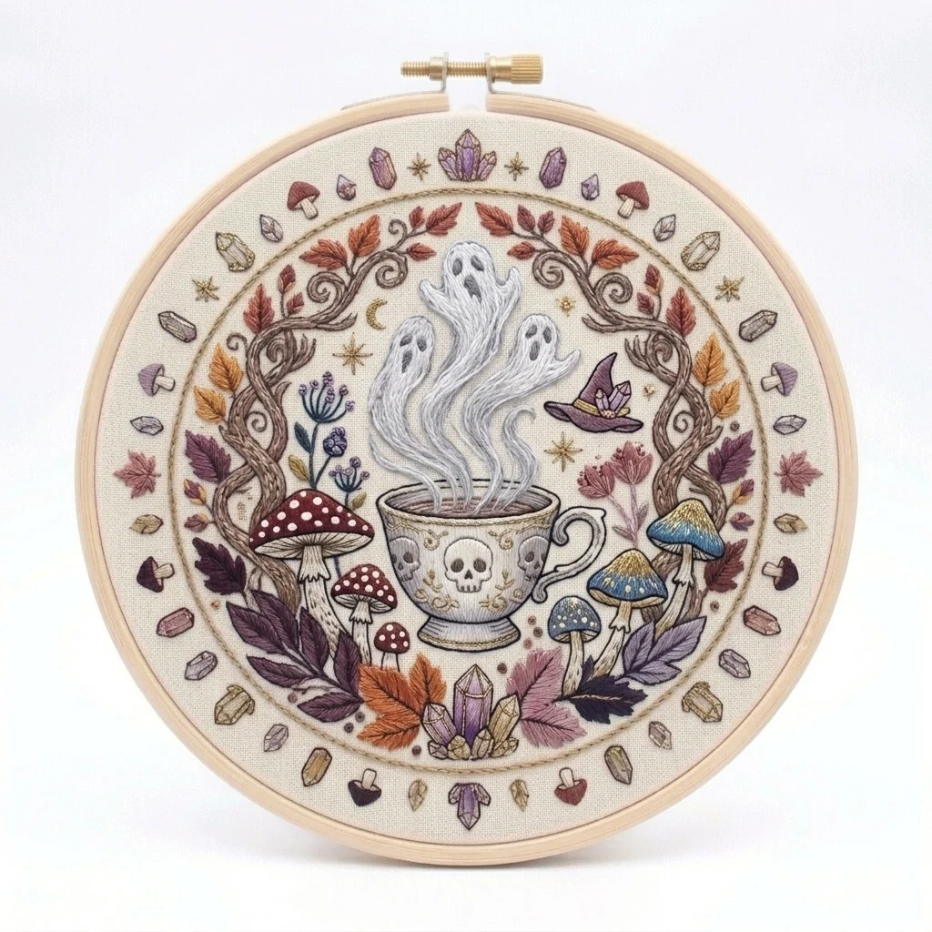 Ghostly Skull Teacup with Witch Hat Mushrooms Crystals and Autumn colored hand embroidery design