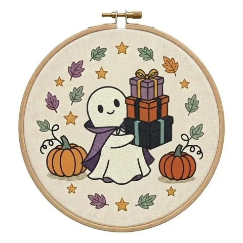 Gift Bearing Ghost Pumpkins Autumn Star Wreath hand embroidery design