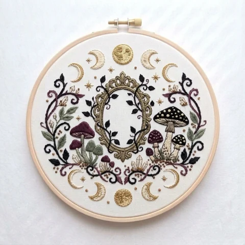 Gilded Oval Frame with Moon Phases Gothic Mushrooms Crystals hand embroidery design