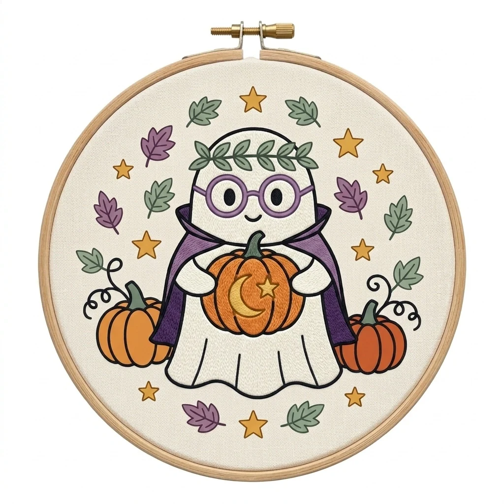 Glasses Ghost Crescent Pumpkin Autumn Leaf Wreath colored hand embroidery design