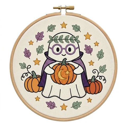 Glasses Ghost Crescent Pumpkin Autumn Leaf Wreath hand embroidery design