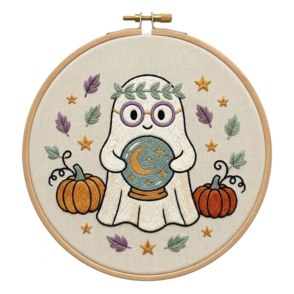 Glasses Ghost Crystal Ball Twin Pumpkin Wreath colored hand embroidery design