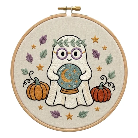 Glasses Ghost Crystal Ball Twin Pumpkin Wreath hand embroidery design