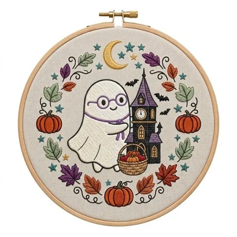Glasses Ghost Haunted Clock Tower Autumn Wreath hand embroidery design