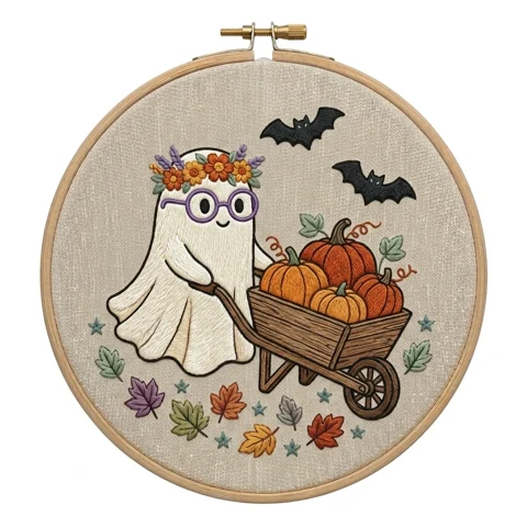 Glasses Ghost Pumpkin Wheelbarrow Autumn Harvest Wreath hand embroidery design