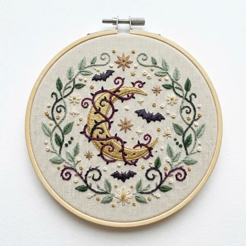 Golden Crescent Bats Woodland Floral Wreath hand embroidery design