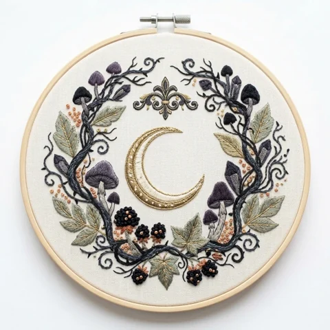Golden Crescent with Gothic Mushrooms Blackberries and Thorn Vine hand embroidery design