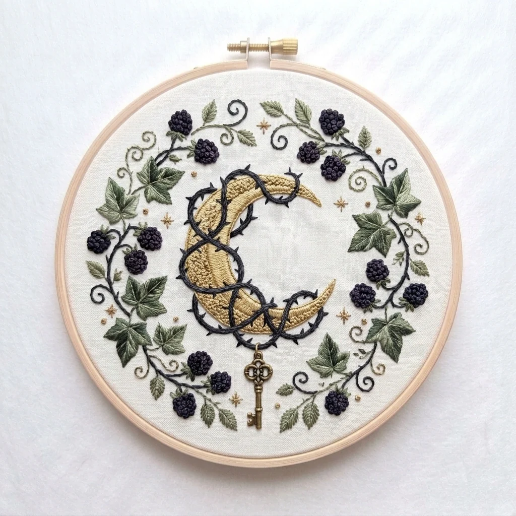 Golden Crescent with Thorn Vines Blackberry Wreath and Antique Key colored hand embroidery design