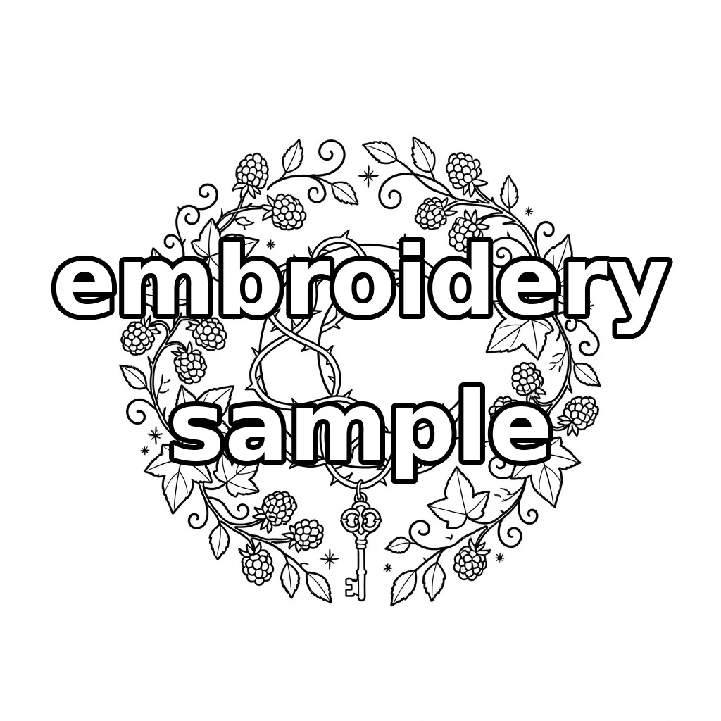 Watermarked Golden Crescent with Thorn Vines Blackberry Wreath and Antique Key embroidery outline