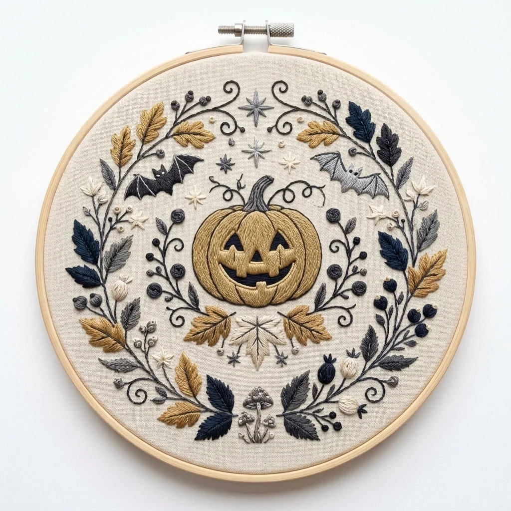 Golden Jack O Lantern Bats Botanical Wreath colored hand embroidery design