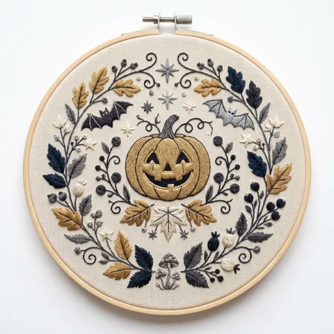 Golden Jack O Lantern Bats Botanical Wreath hand embroidery design