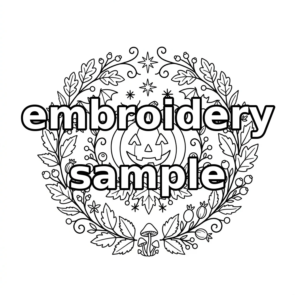 Watermarked Golden Jack O Lantern Bats Botanical Wreath embroidery outline