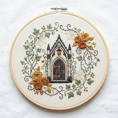 Gothic Arched Doorway with Lantern Roses Ivy and Spider Webs hand embroidery design