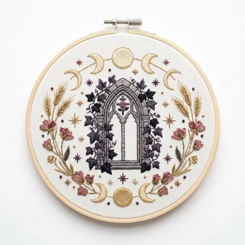 Gothic Arched Window with Moon Phases Ivy and Botanical Wildflowers hand embroidery design