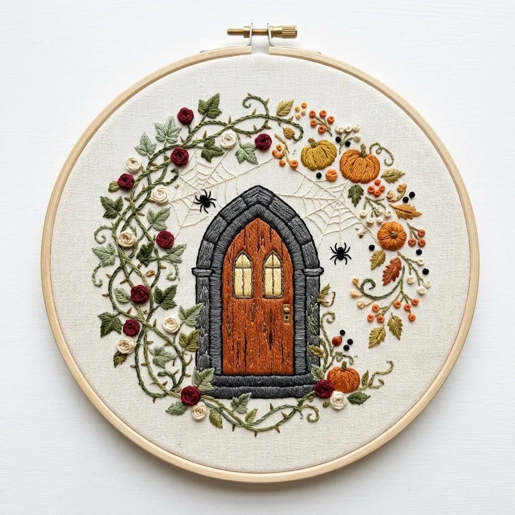 Gothic Autumn Doorway Harvest Wreath colored hand embroidery design