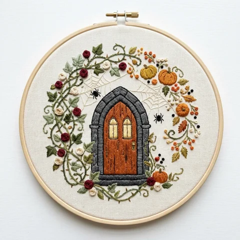 Gothic Autumn Doorway Harvest Wreath hand embroidery design